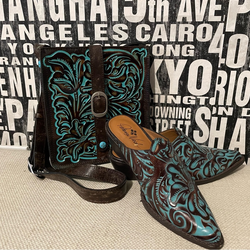 New crossbody bag with matching mules. Designer Patricia Nash.
